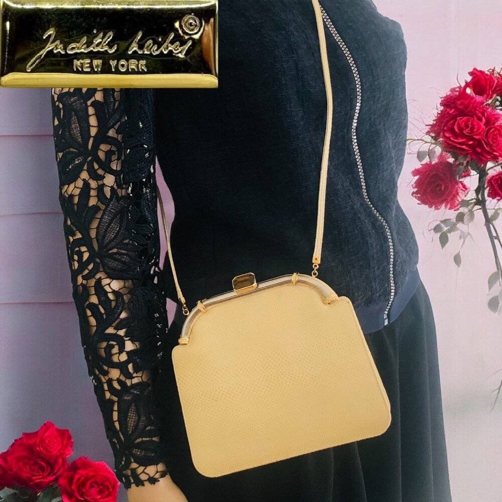 JUDITH LEIBER Vntg Art Deco Two-Tone Beige Karung Snakeskin Purse Excellent Cond - Picture 1 of 6